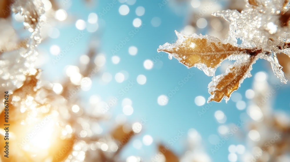 Poster the image shows frost-covered leaves glistening in the morning sunlight with a bokeh effect in the b