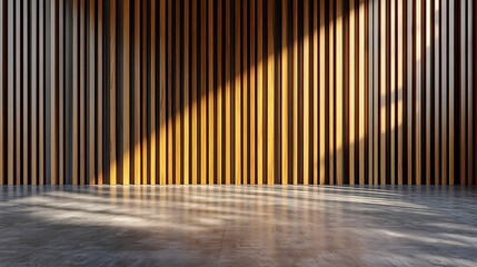  Wall with wood background. Panels with wood texture. Vertical slats in the interior design of an empty studio room. 3D architecture with window shadow overlay. 