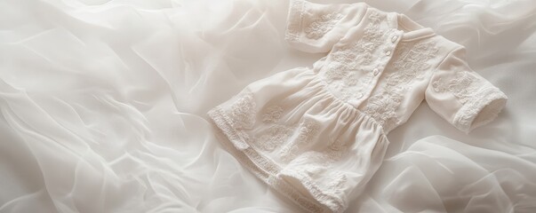 Obraz premium Delicate vintage baby dress resting on soft, airy fabric, perfect for capturing the essence of childhood and nostalgia.