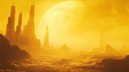 sky-fi background yellow. concept of the future. city of the future, space. scientific achievements in the future.