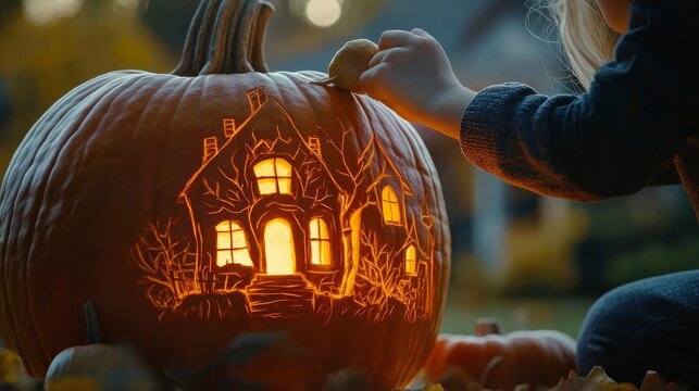 Fototapeta A child carving an intricate haunted house design into a large pumpkin, lit by the soft afternoon sun.