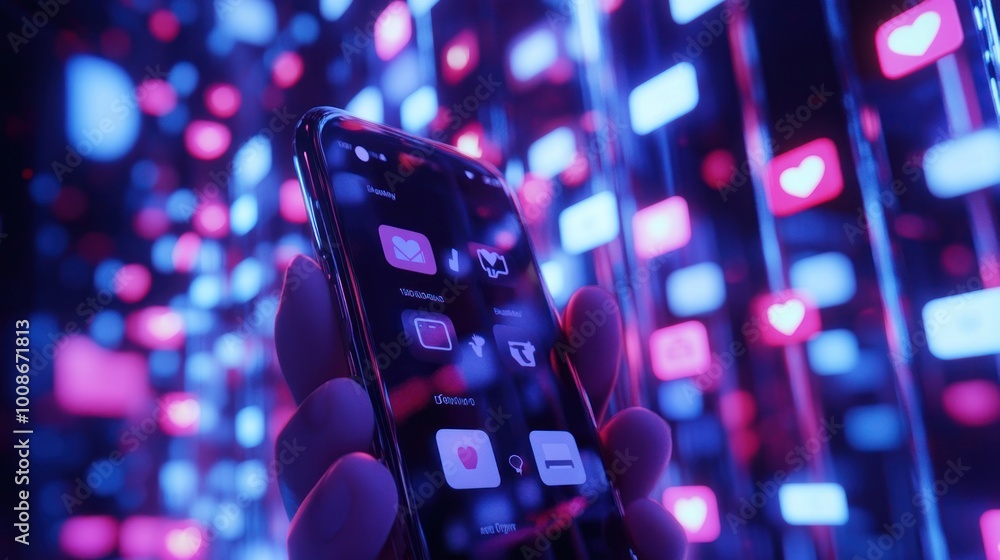 Aufkleber a smartphone screen displaying multiple likes and comments notifications, representing active digita