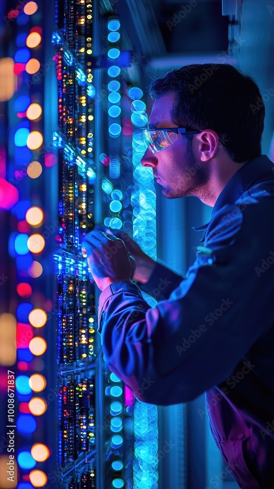 Poster a technician meticulously adjusting colorful lights on a server rack in a dark, modern data center e
