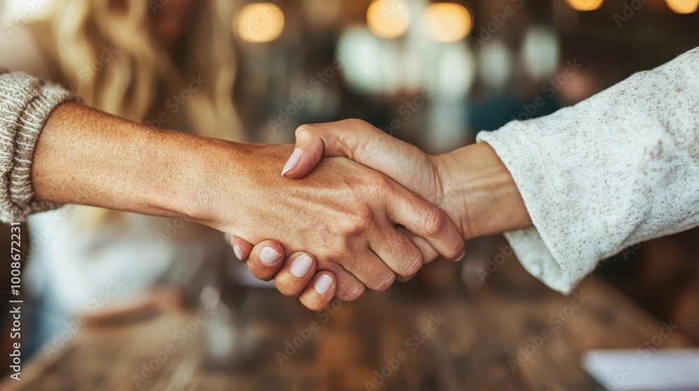 Wall mural a close-up image of two hands shaking over a wooden table in warm lighting, symbolizing a successful