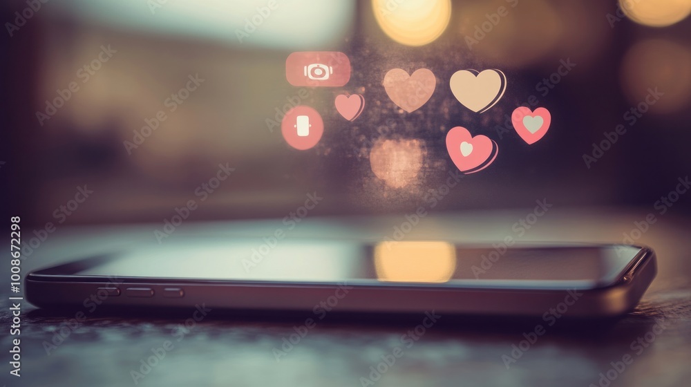 Poster a smartphone with likes and comments notifications popping up, highlighting the digital social inter