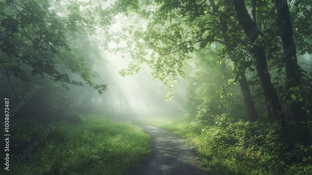 Poster a tranquil forest scene with soft light streaming through trees, creating a serene atmosphere along 