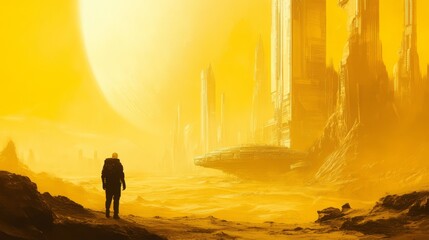 sky-fi background yellow. concept of the future. city of the future, space. scientific achievements in the future.