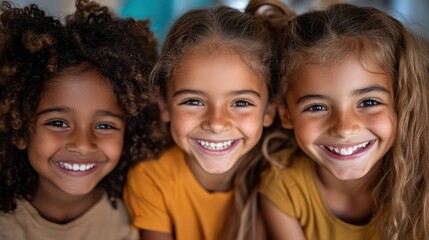 Fototapeta premium Three smiling children of diverse backgrounds gathered outdoors, embodying joy, friendship, and unity, captured with a bright and colorful style for positive vibes.