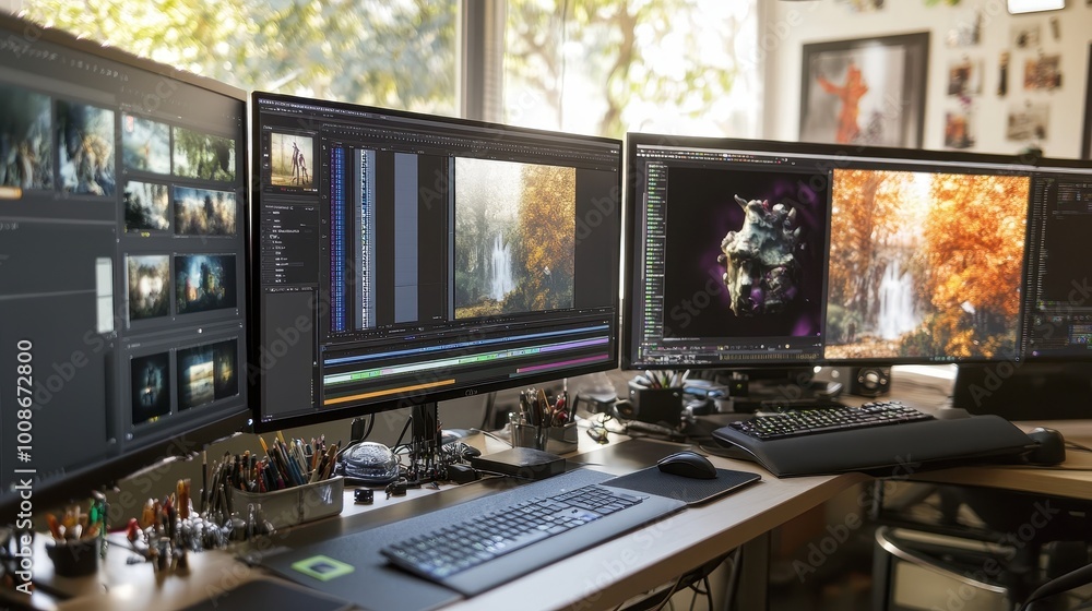 Poster editing studio with multiple monitors and digital artwork