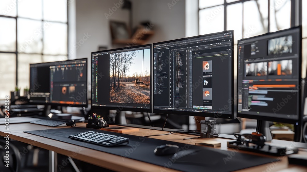 Poster editing station with multiple computer screens for photo and video post-production