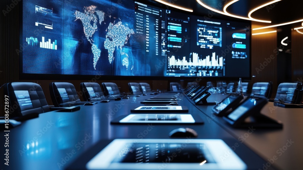 Poster futuristic control room with global data visualization