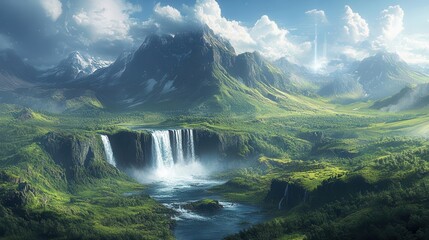 Fototapeta premium breathtaking icelandic landscape featuring dramatic mountains lush green valleys and cascading waterfalls bathed in the ethereal glow of the northern lights