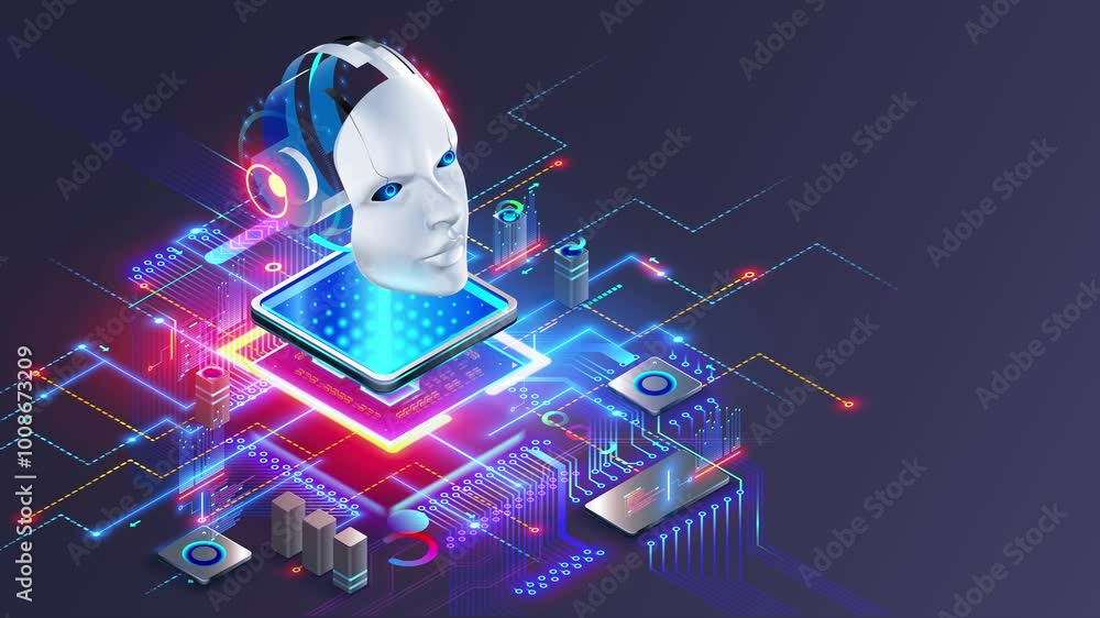 Aufkleber AI electronic chip technology. AI robot head or face over electronic chip or CPU on motherboard. Artificial intelligence technology in electronic chip on pcb. AI in computer Processor. 3d animation.