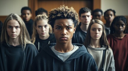 A diverse group of troubled teenagers stands with serious expressions, facing the viewer in a community center, highlighting their shared struggles and emotions