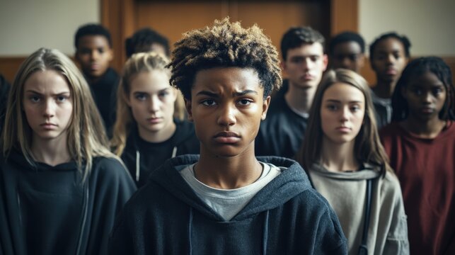 A diverse group of troubled teenagers stands with serious expressions, facing the viewer in a community center, highlighting their shared struggles and emotions