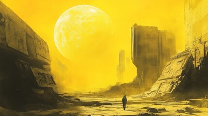 sky-fi background yellow. concept of the future. city of the future, space. scientific achievements in the future.