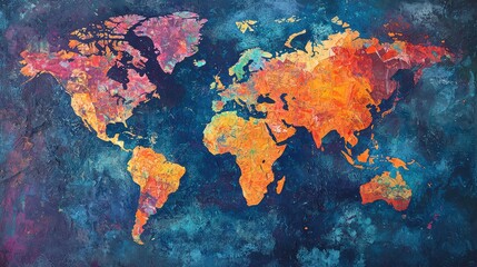 A vibrant abstract world map, showcasing colorful continents on a deep blue background, perfect for travel or geography themes.