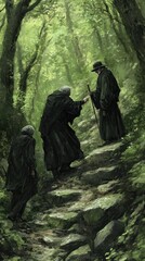 Naklejka premium Three cloaked figures ascend a rocky path through a lush, green forest.