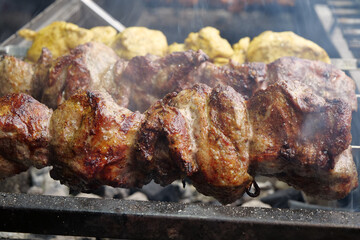 Meat on skewers. Large, fat kebabs are grilled on coals in a barbecue grill