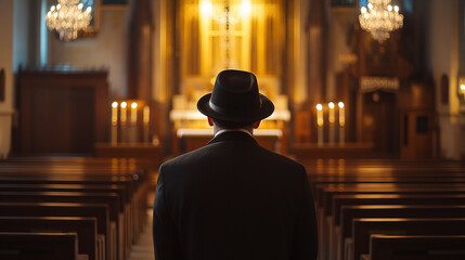 Obraz premium Male, orthodox, and synagogue for Jewish prayer on Hannukah, Passover, and Yom Kippur. Man-generated Judaism for spirituality building prayer