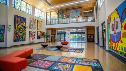 A vibrant art gallery featuring colorful murals, modern decor, and creative furnishings that inspire artistic expression.