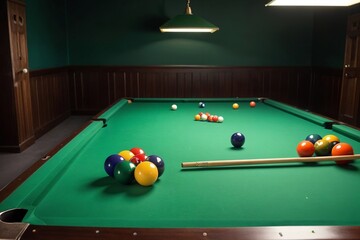 Billiard table in a cozy room with warm lighting, green felt and pool balls, ready for a game of pool.