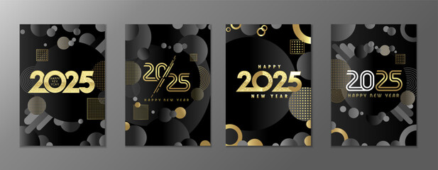 Set of luxury happy new year 2025 cards. Premium cover concept with golden mosaic numbers, round balls, lines and memphis style elements. Vector premium design calendar 2025