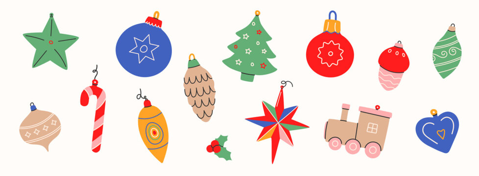 Set of vector christmas balls.Xmas ornaments isolated on white background.December decoration designs in retro style.Winter holiday adornment,tree decor,toys,holly berry.Vector illustration EPS 10.