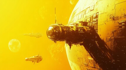 sky-fi background yellow. concept of the future. city of the future, space. scientific achievements in the future.