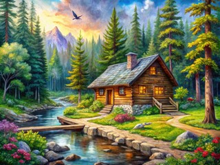 Obraz premium Serene Log Cabin in a Lush Forest Landscape - Beautiful Watercolor Painting of Nature's Tranquility