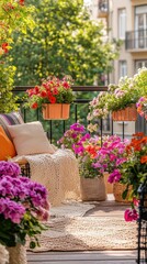 Fototapeta premium A vibrant balcony garden adorned with colorful flowers and a cozy seating area, perfect for relaxation and enjoying nature.