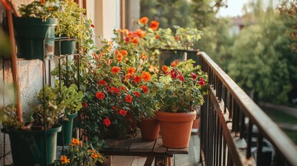 Obraz premium A vibrant balcony filled with colorful flowers in pots, creating a lovely and inviting outdoor space bathed in warm sunlight.