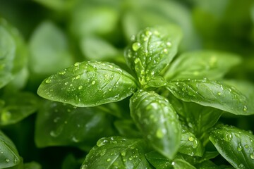 Fresh basil leaves glisten with droplets of water. This close-up image captures the essence of vibrant greenery. Ideal for culinary or gardening themes. Generative AI