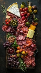 A vibrant charcuterie board filled with assorted meats, cheeses, fruits, and herbs, perfect for entertaining and gourmet dining.