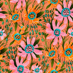 Seamless pattern with bright spring flowers. Digital painting.