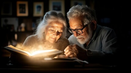 An elderly couple sharing a tender moment while looking through a photo album together, surrounded by framed memories, representing the lasting nature of love through the years