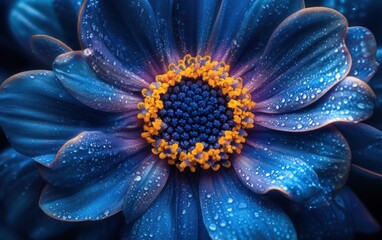 Intricate blue flower with dew drops highlighting its detailed petals and vibrant center