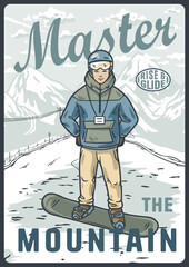 Snowboarder stands proudly on a snowy mountain, ready to carve down the slopes, embracing the thrill of this extreme sport with freedom and adventure