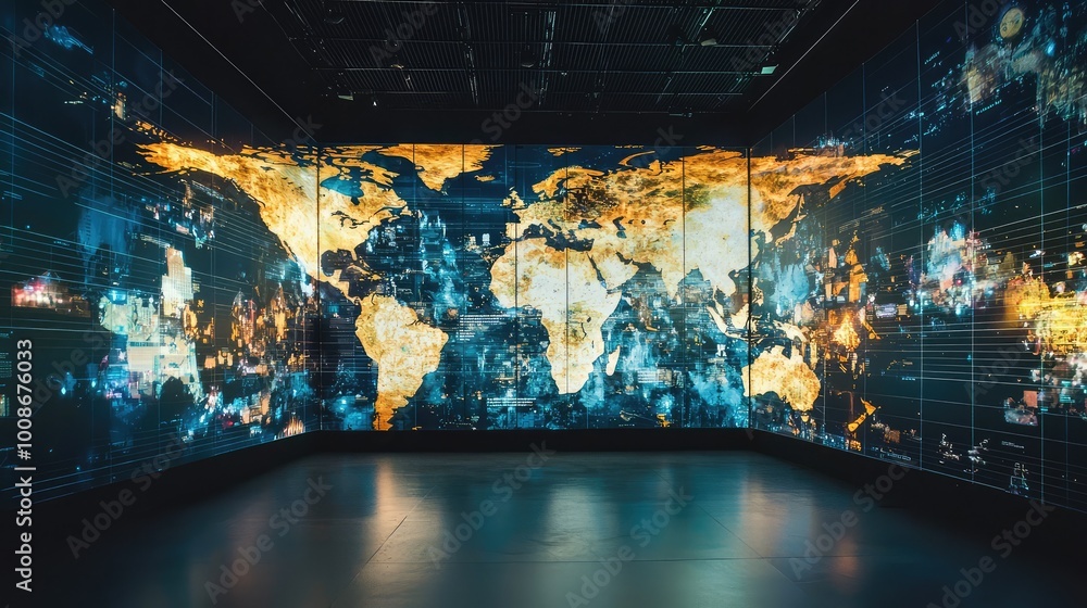 Poster a vibrant digital world map displayed on a wall, showcasing intricate data visualizations and global