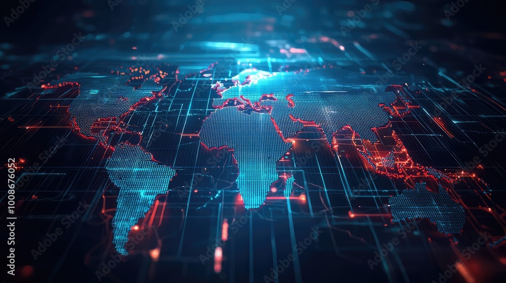Poster A vibrant digital world map displaying interconnected networks and data streams in vivid colors, symbolizing global connectivity.