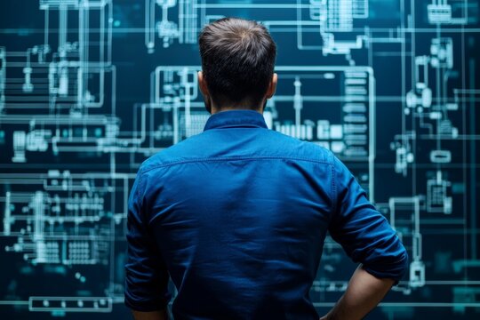 Electrical engineer reviewing a blueprint for an electrical grid, focused on details, modern engineering office with large screens