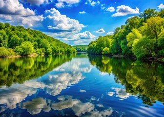 Serene Potomac River Landscape with Lush Greenery and Reflections Under a Clear Blue Sky