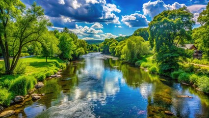Fototapeta premium Serene River Flowing Through Lush Green Landscape in Allentown Pennsylvania During Bright Daylight