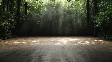 A serene wooden stage in a lush forest setting, bathed in the ethereal glow of sunlight filtering through the dense trees, evoking a calm and tranquil ambiance.