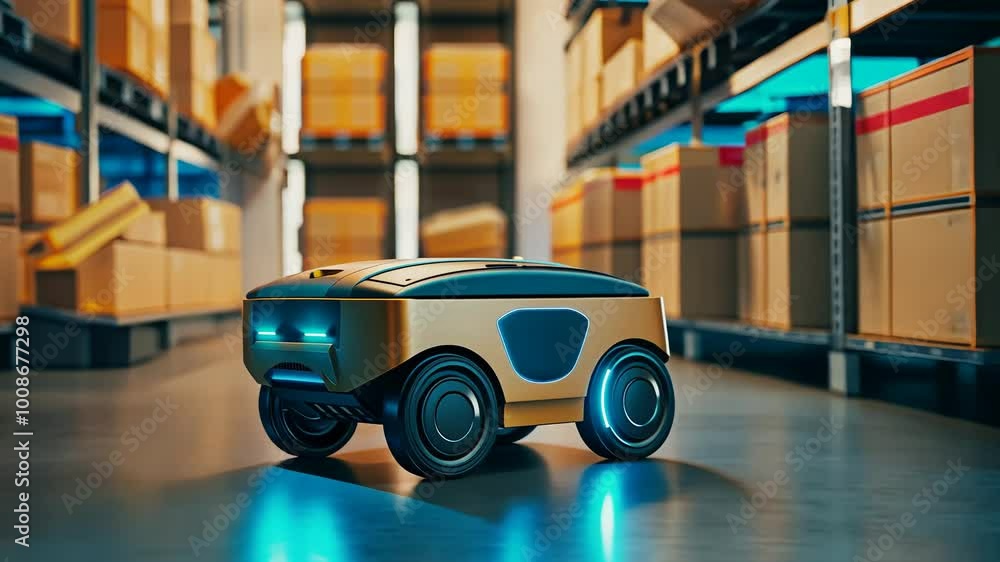Poster an autonomous delivery robot navigates through a busy warehouse, efficiently moving packages and avo