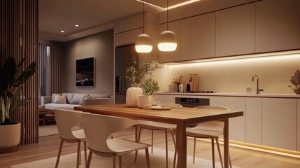 Modern Kitchen Interior with Dining Area and Cozy Ambiance