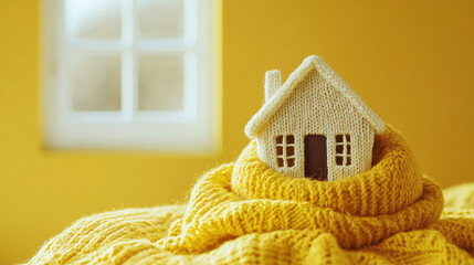 Knitted yellow statuette of a house wrapped in a yellow scarf on a yellow blanket near the window against the background of a yellow wall with space for text