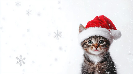 Kitten on a white background. Happy New Year. Merry Christmas. Web banner. Copy space. Cat in a Xmas red hat. Snowflake