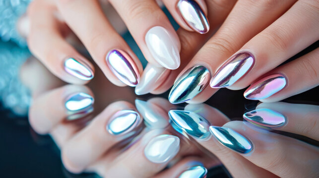 Shimmering metallic manicure with reflective chrome nails trend. Beauty and hand care concept - Powered by Adobe