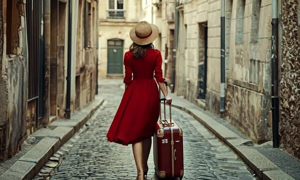 Woman in a Red Dress Walking on a Cobblestone Street